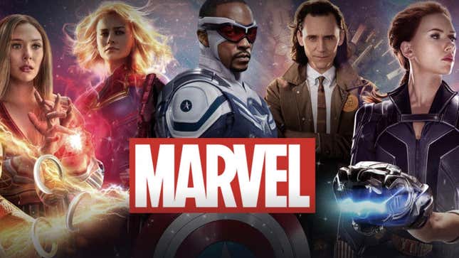 Wanda, Carol, Sam, Loki, and Natasha photoshopped together with the Marvel logo in front of them.