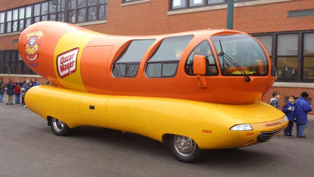 An Oscar Mayer Wienermobile is parked January 23, 2002 outside the Oscar Mayer Elementary School in Chicago.