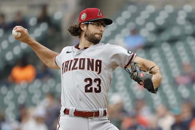 Jun 11, 2023; Detroit, Michigan, USA; Arizona Diamondbacks starting pitcher Zac Gallen (23) pitches in the first inning against the Detroit Tigers at Comerica Park.