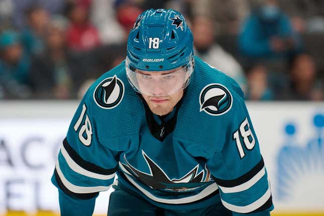 Mar 2, 2023; San Jose, California, USA; San Jose Sharks left wing Andreas Johnsson (18) against the St. Louis Blues during the second period at SAP Center at San Jose.