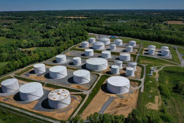 Fuel holding tanks are seen at Colonial Pipeline's Dorsey Junction Station on May 13, 2021 in Woodbine, Maryland. 