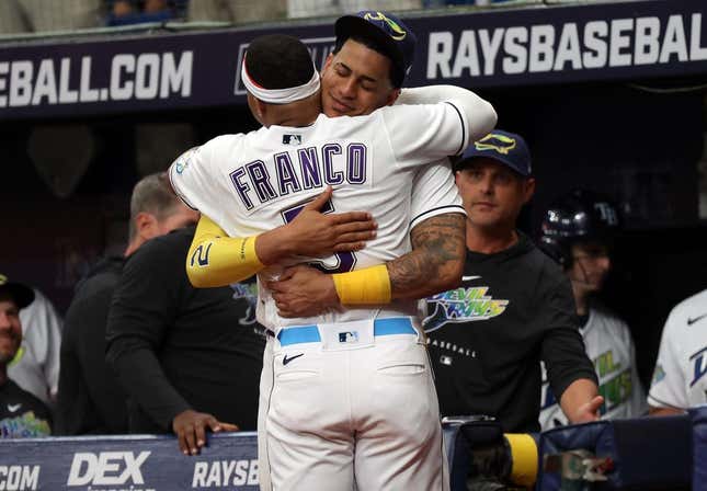 Mar 30, 2023; St. Petersburg, Florida, USA; Tampa Bay Rays shortstop Wander Franco (5) celebrates with center fielder Jose Siri (22) after he hits a home run against the Detroit Tigers during the eighth inning  at Tropicana Field.