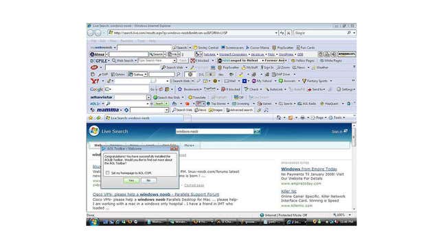 A screenshot showing Internet Explorer overloaded with toolbars 