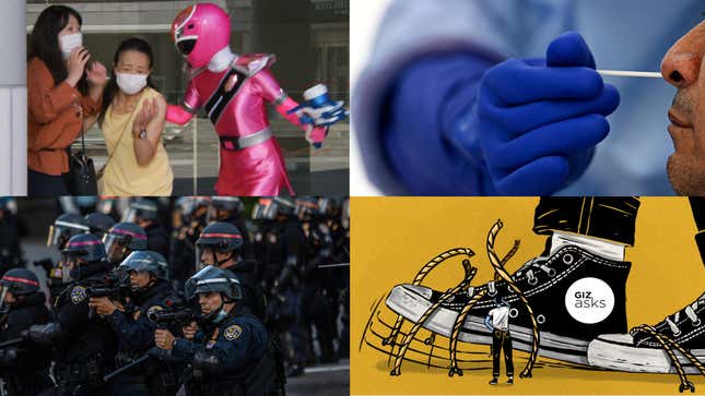 Clockwise from top left: Toei (Over-Time); Joaquin Sarmiento (Getty Images); Benjamin Currie (Gizmodo); Apu Gomes/AFP (Getty Images)