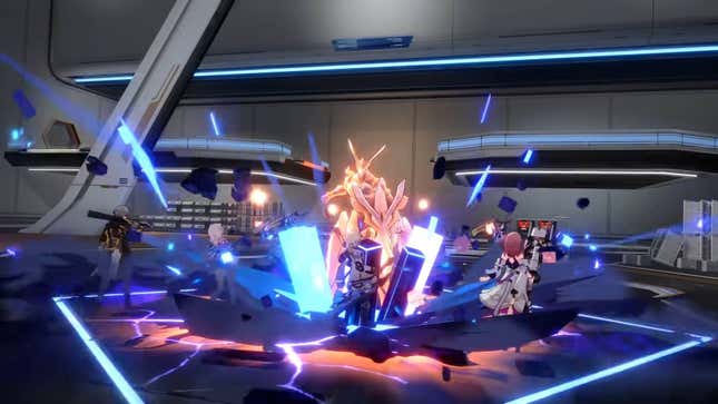 Four characters are engaged in combat.