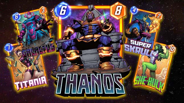 An image shows a collage of new Marvel Snap cards, including Thanos and She-Hulk. 