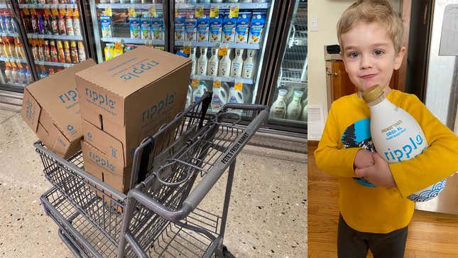 Left: The typical contents of my grocery cart. Right: My son with a bottle of Ripple.