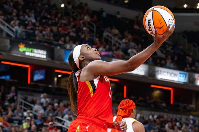 Jun 4, 2023; Indianapolis, Indiana, USA; Las Vegas Aces guard Jackie Young (0) shoots the ball in the second half against the Indiana Fever at Gainbridge Fieldhouse.