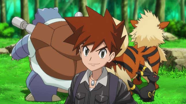 Gary is seen standing in a forest with Blastoise, Arcanine, and Umbreon standing behind him.