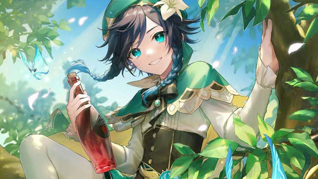 Venti holds a bottle of wine while sitting in a tree.