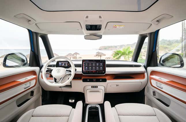 The cream and orange interior of the 2025 VW ID Buzz van.