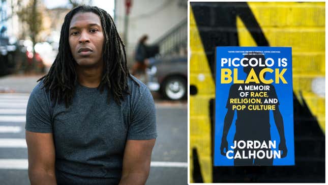 A collage shows Jordan Calhoun standing at a crosswalk and his book in front of a graffiti wall. 