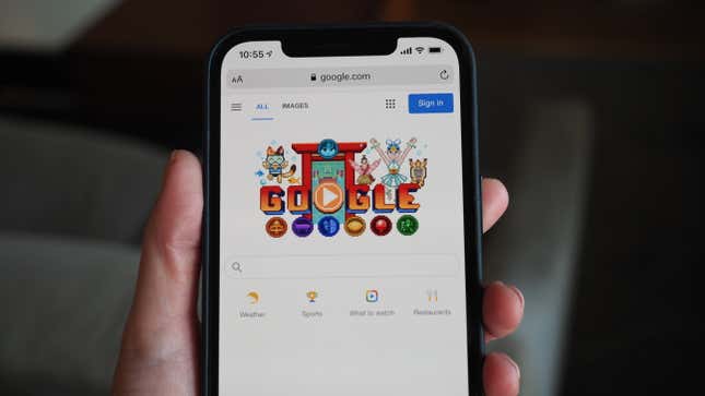A photo of the iPhone with the Safari browser pointed to the Google search page