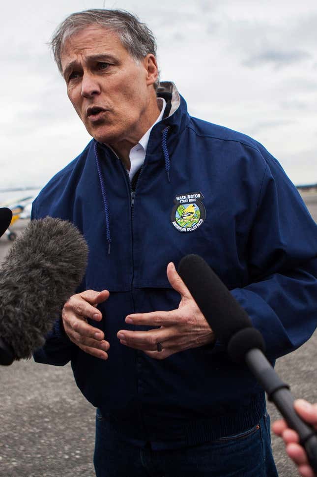 Inslee after the 2014 Oso mudslide in Washington state.