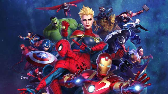 Cropped box art for 2019's Marvel: Ultimate Alliance 3 showing multiple Marvel heroes looking ready for battle. 