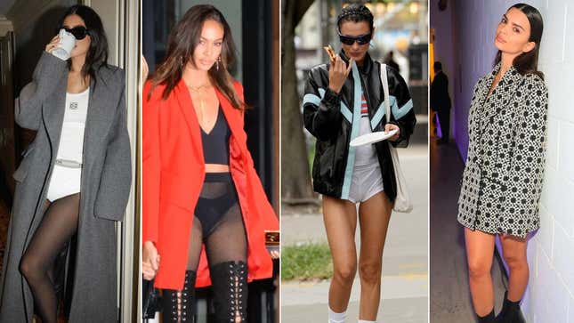 From left to right: Kylie Jenner, Joan Smalls, Bella Hadid, and Emily Ratajkowski put their own spin on the emerging “no pants in public” trend.