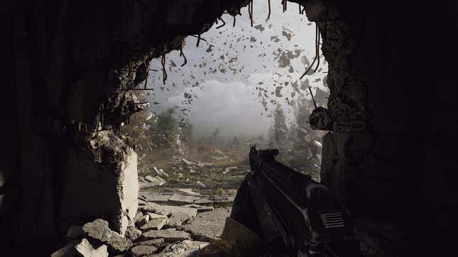 A first-person shooter perspective shows large hole in the world, with circular patterns of debris suspended in air before a post-apocalyptic wasteland.