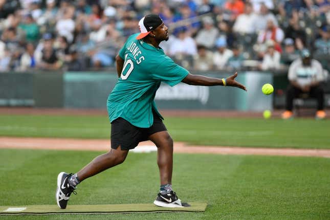 Jul 8, 2023; Seattle, Washington, USA; Former MLB All-Star Adam Jones pitches during the All-Star Celebrity Game at T-Mobile Park.