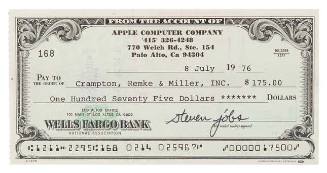 Image for article titled A $175 Check Signed by Steve Jobs in 1976 Just Sold for $107,000