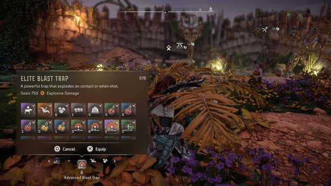 Aloy makes a blast trap while ducking in some ferns in Horizon Forbidden West on PS5.