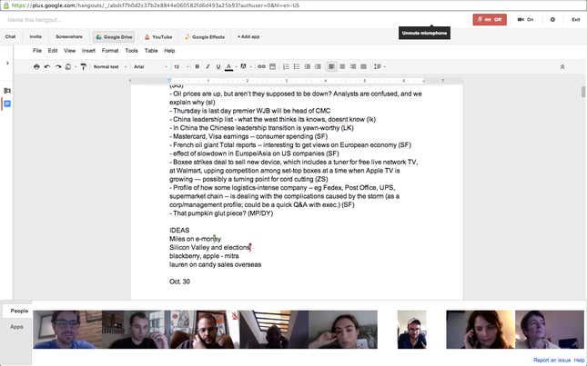 Members of the Quartz team in a Google Hangout