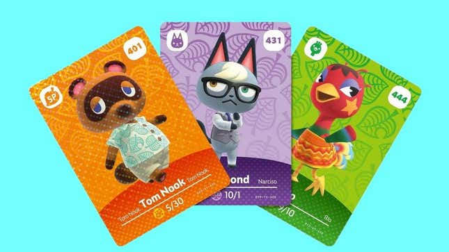 Three ACNH Series 5 Amiibo Cards are displayed over a teal background. 