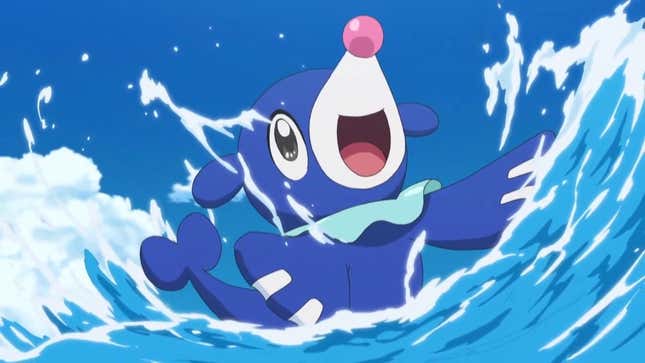 Popplio is seen playing in a body of water.
