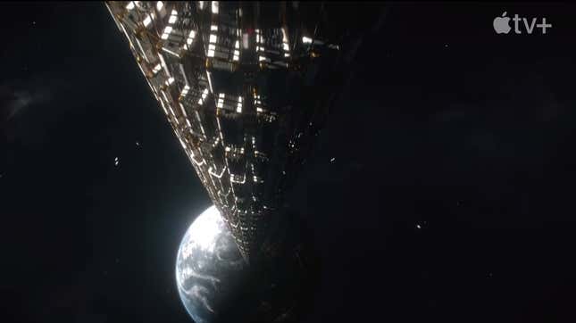 A screenshot of a massive space elevator visible over Earth from Apple TV+'s FOUNDATION