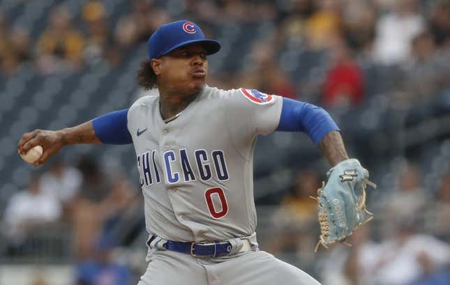 Jun 20, 2023; Pittsburgh, Pennsylvania, USA; Chicago Cubs starting pitcher Marcus Stroman (0) delivers a pitch against the Pittsburgh Pirates during the first inning at PNC Park.