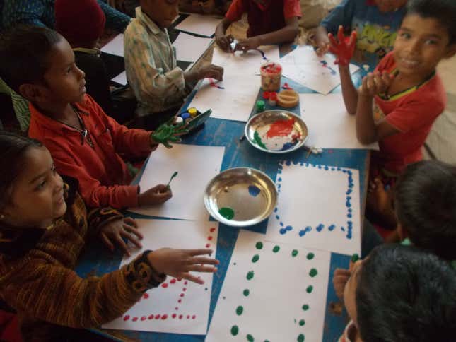 Balwadi kids engaged in activities at the Sector 68 mobile creche