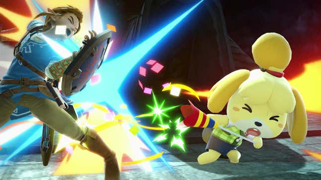 Animal Crossing's Isabelle attacks Link from the Legend of Zelda with a party popper.