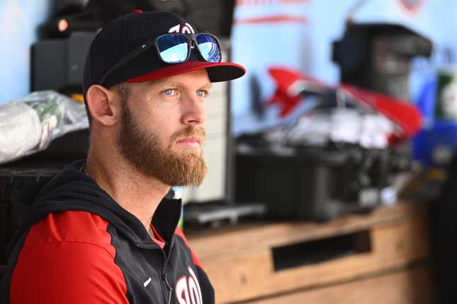 May 28, 2022; Washington, District of Columbia, USA; Washington Nationals pitcher   Stephen Strasburg in the dugout against the Colorado Rockies during the second inning at Nationals Park.