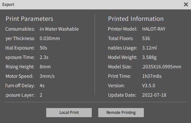 Una captura de pantalla de la aplicación Halot Box que muestra los parámetros de impresión.