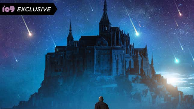 A man looks up at a dark castle against a sky full of shooting stars