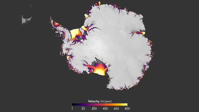 This image of the flow of Antarctic ice into the sea came from processing hundreds of thousands of images from NASA-U.S. Geological Survey satellites. The result is a picture of changes in ice-sheet motion with a higher precision than was previously possible.