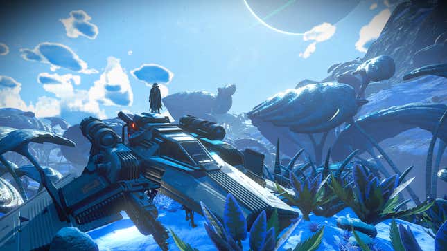 A player stands on a space ship and looks out an alien world.