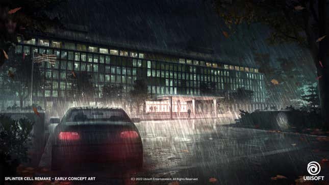 Some early Splinter Cell remake concept art of a car getting rained on in a parking lot.