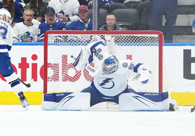 Apr 27, 2023; Toronto, Ontario, CAN; Tampa Bay Lightning goaltender Andrei Vasilevskiy (88) stops the puck against the Toronto Maple Leafs during the second period in game five of the first round of the 2023 Stanley Cup Playoffs at Scotiabank Arena.