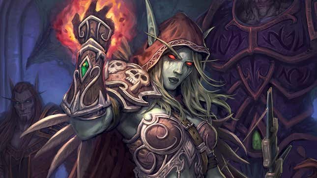 Sylvanas Windrunner, a powerful female character from WoW, holding her hand up while using a flame spell. 
