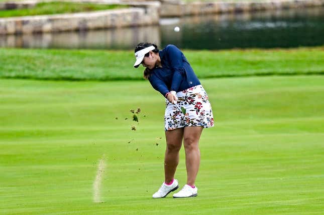 Jun 22, 2023; Springfield, New Jersey, USA; Lilia Vu plays a shot from the fairway on the 18th hole during the first round of the KPMG Women&#39;s PGA Championship golf tournament.