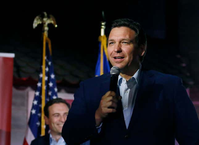 Florida Governor Ron DeSantis (R) appears with Republican Senate candidate from Nevada Adam Laxalt at a campaign event at Stoneys Rockin Country on April 27, 2022, in Las Vegas, Nevada.