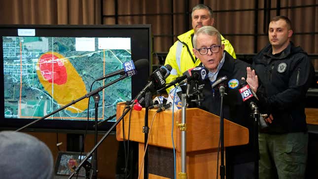 Ohio Governor Mike DeWine meets with reporters after touring the Norfolk Southern train derailment site in East Palestine, Ohio, Monday, Feb. 6, 2023.