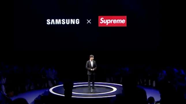 A photo of Samsung introducing a Supreme collab at an event