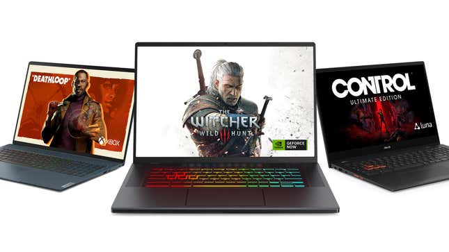 Three Chromebook laptops showing images for Deathloop, Witcher 3 Wild Hunt and Control