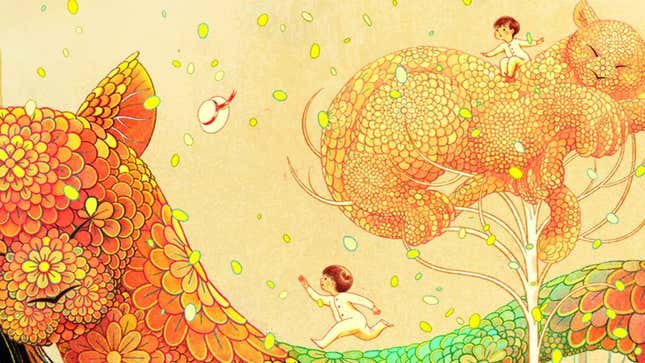 Art for the latest Steam sale shows a child running up the back of a magical creature made of discounts.