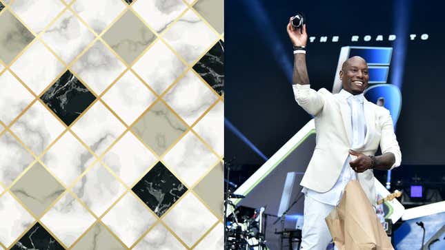 Vector marble seamless pattern with golden geometric diagonal lines, left; Tyrese Gibson speaks onstage during Universal Pictures Presents The Road To F9 Concert and Trailer Drop on January 31, 2020 in Miami, Florida.