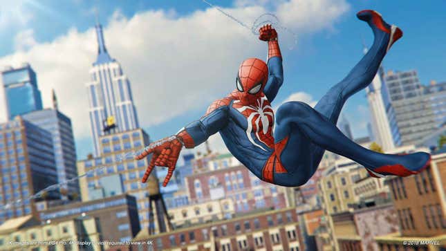 Spider-Man swings through a bright sunny NYC. 