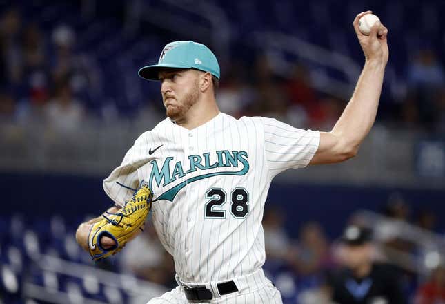 Apr 14, 2023; Miami, Florida, USA; Miami Marlins starting pitcher Trevor Rogers (28)pitches against the Arizona Diamondbacks during the first inning at loanDepot Park.