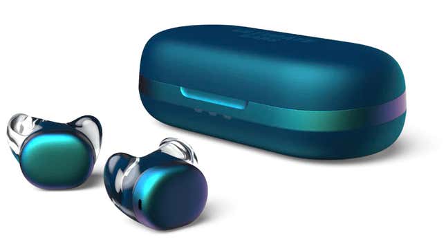 The Ultimate Ears UE Drops wireless earbuds in sapphire blue.