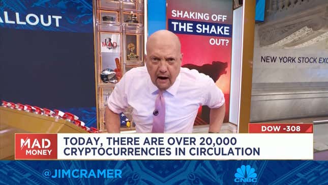 Jim Cramer speaking to camera on Tuesday while performing his manic stockbroker routine, a bit that felt forced and awkward even a decade ago.
